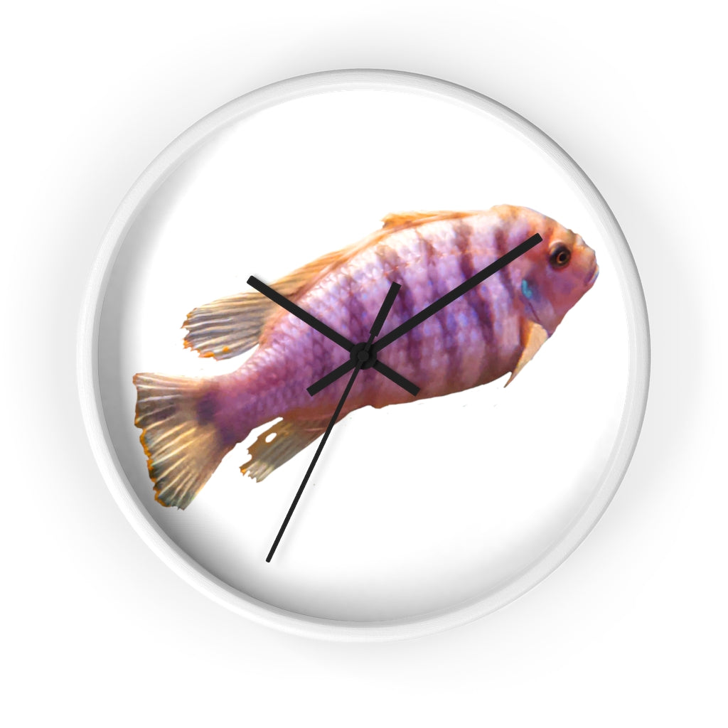 A vibrant purple fish wall clock with a wooden frame and plexiglass face, showcasing a unique design perfect for home decor.