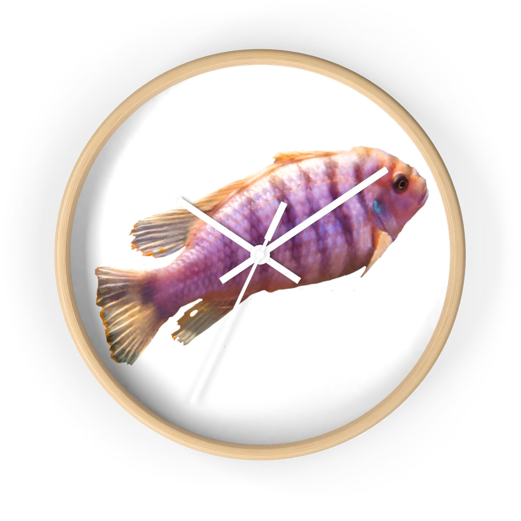 A vibrant purple fish wall clock with a wooden frame and plexiglass face, showcasing a unique design perfect for home decor.