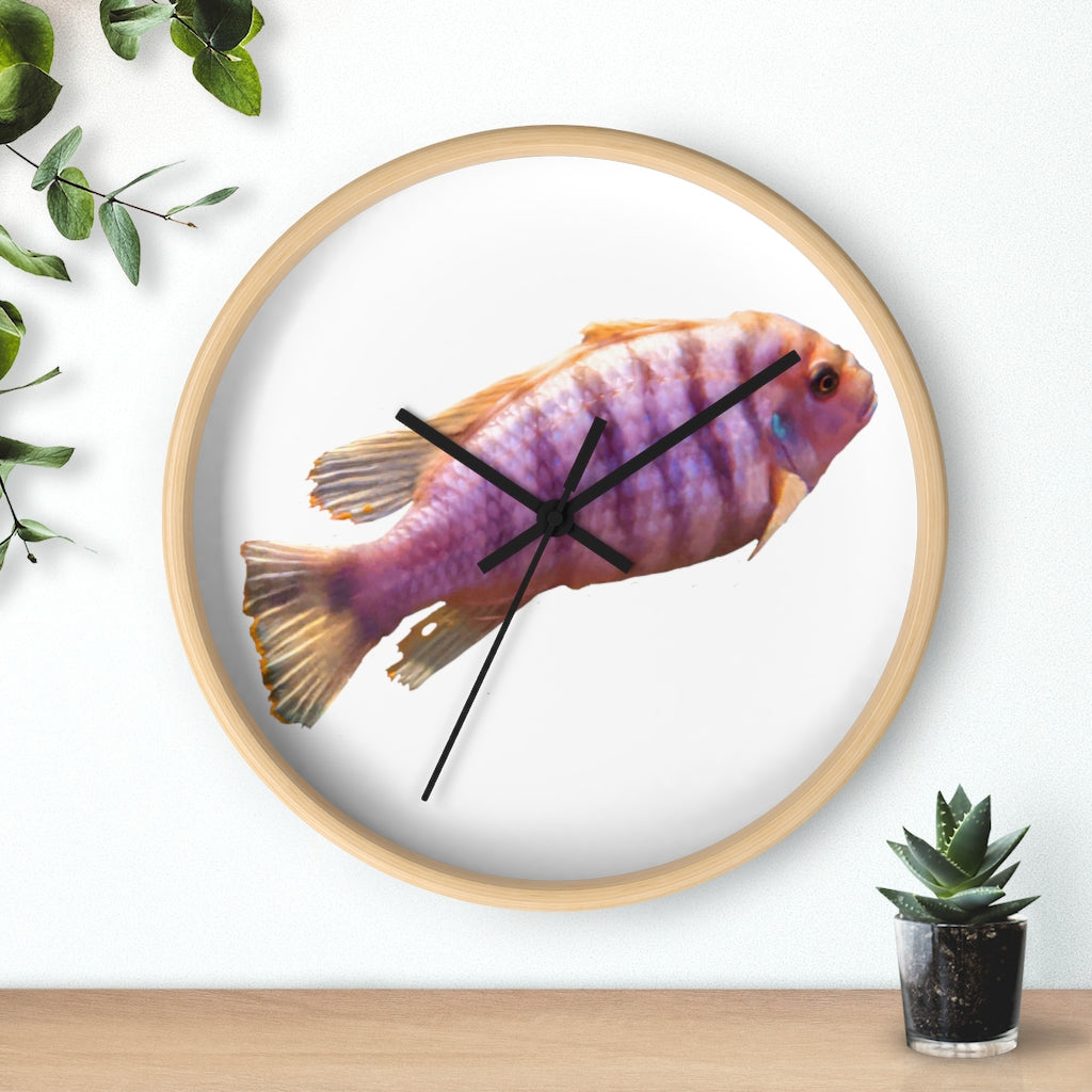 A vibrant purple fish wall clock with a wooden frame and plexiglass face, showcasing a unique design perfect for home decor.