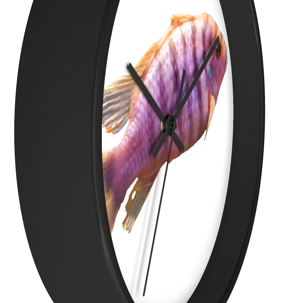 A vibrant purple fish wall clock with a wooden frame and plexiglass face, showcasing a unique design perfect for home decor.