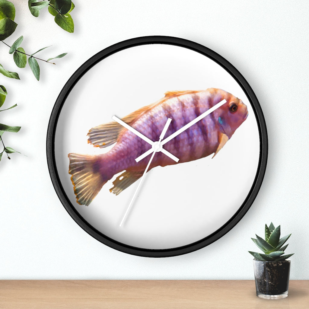 A vibrant purple fish wall clock with a wooden frame and plexiglass face, showcasing a unique design perfect for home decor.