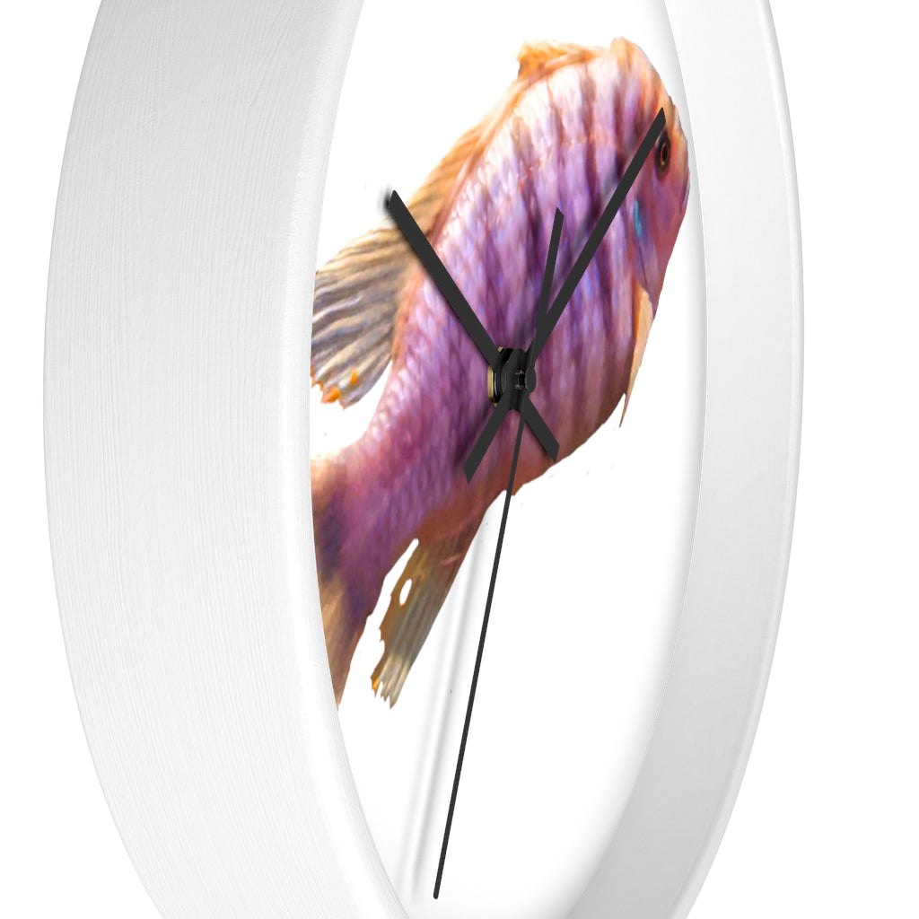 A vibrant purple fish wall clock with a wooden frame and plexiglass face, showcasing a unique design perfect for home decor.