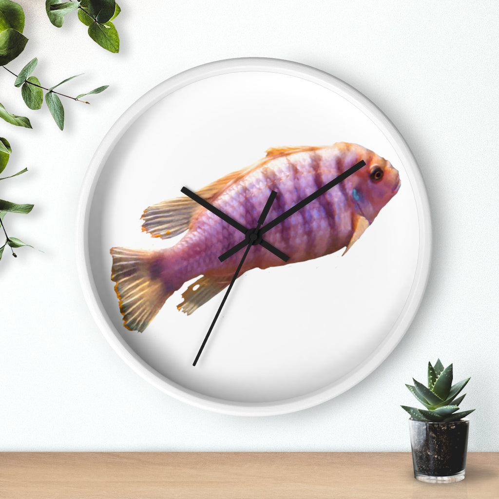 A vibrant purple fish wall clock with a wooden frame and plexiglass face, showcasing a unique design perfect for home decor.