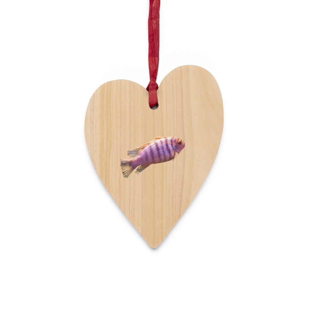 Purple Fish Wooden Christmas Ornaments in various whimsical shapes, featuring a rustic wooden finish and red hanging ribbons.