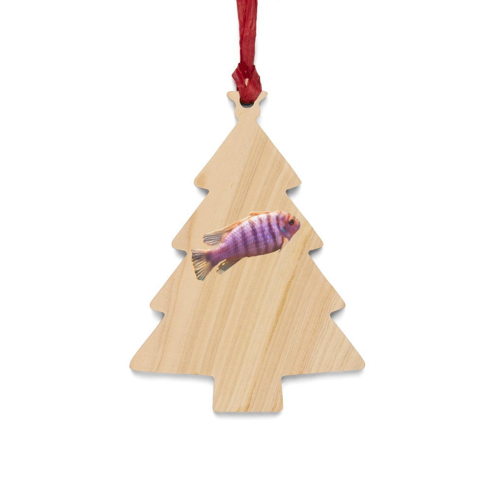 Purple Fish Wooden Christmas Ornaments in various whimsical shapes, featuring a rustic wooden finish and red hanging ribbons.