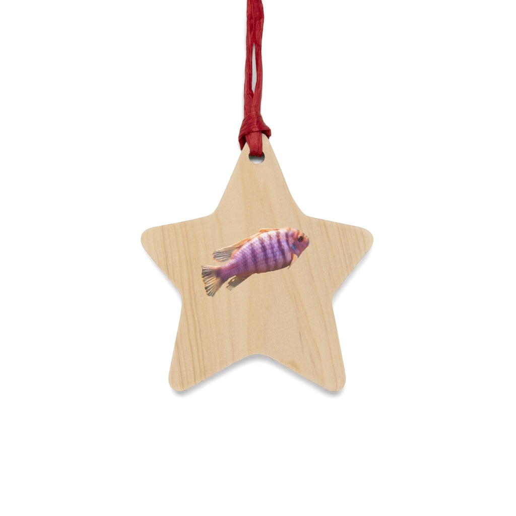 Purple Fish Wooden Christmas Ornaments in various whimsical shapes, featuring a rustic wooden finish and red hanging ribbons.