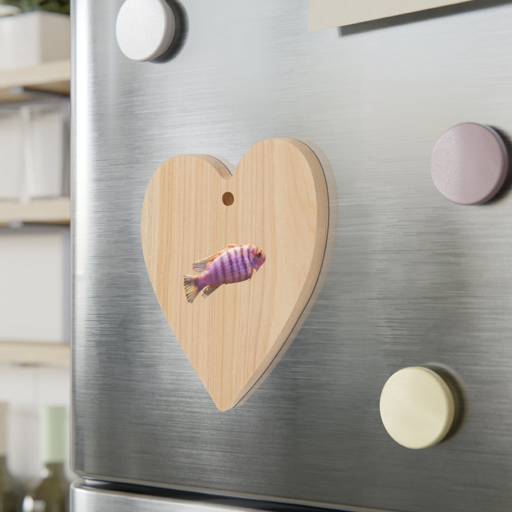 Purple Fish Wooden Christmas Ornaments in various whimsical shapes, featuring a rustic wooden finish and red hanging ribbons.