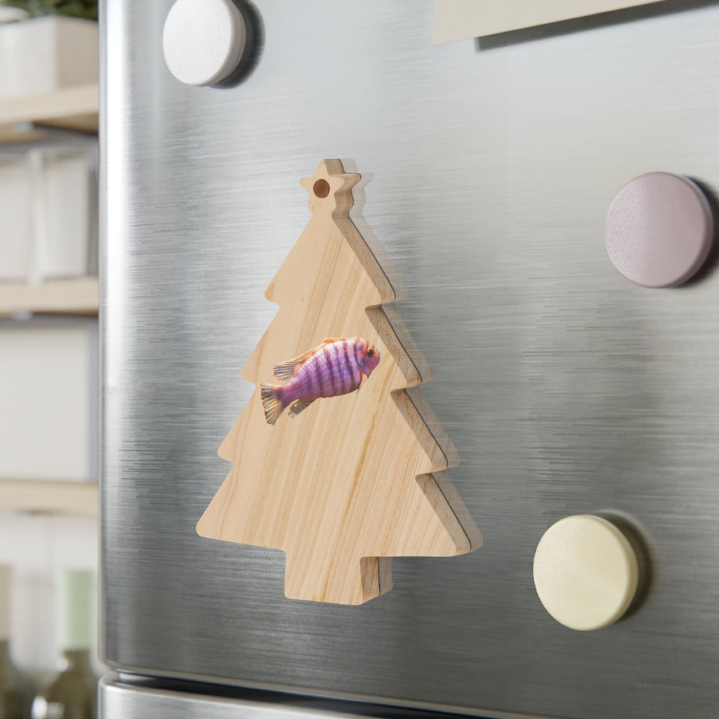 Purple Fish Wooden Christmas Ornaments in various whimsical shapes, featuring a rustic wooden finish and red hanging ribbons.