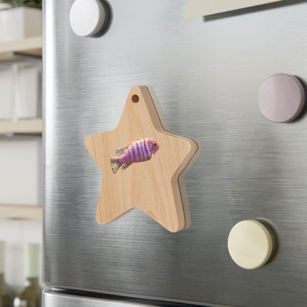 Purple Fish Wooden Christmas Ornaments in various whimsical shapes, featuring a rustic wooden finish and red hanging ribbons.