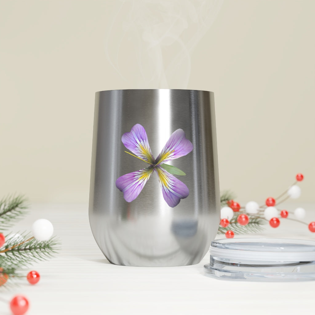 Purple Flower 12oz Insulated Wine Tumbler with clear lid, showcasing vibrant floral design.