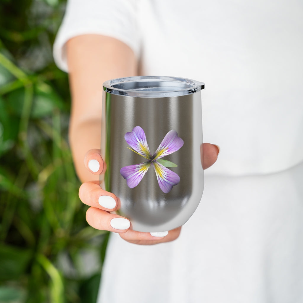 Purple Flower 12oz Insulated Wine Tumbler with clear lid, showcasing vibrant floral design.