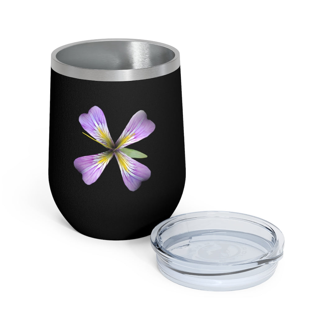 Purple Flower 12oz Insulated Wine Tumbler with clear lid, showcasing vibrant floral design.