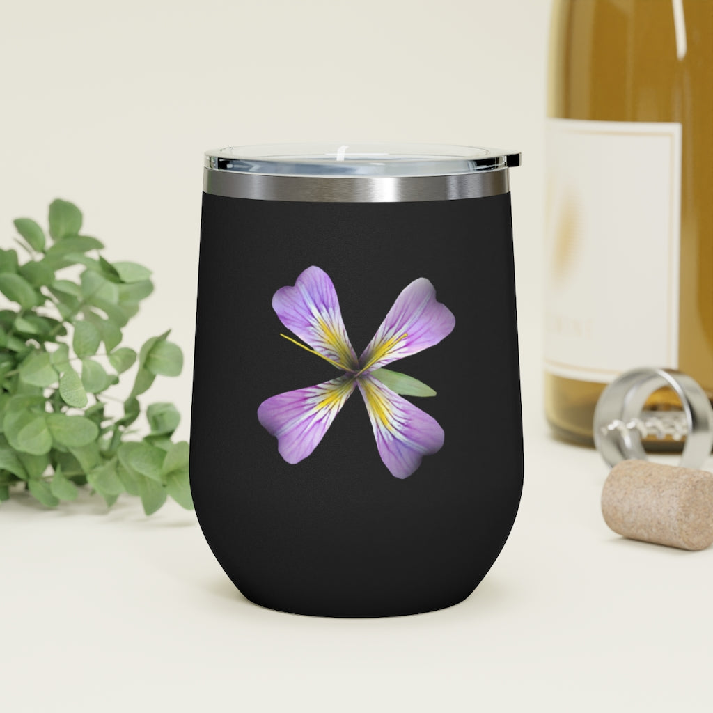 Purple Flower 12oz Insulated Wine Tumbler with clear lid, showcasing vibrant floral design.