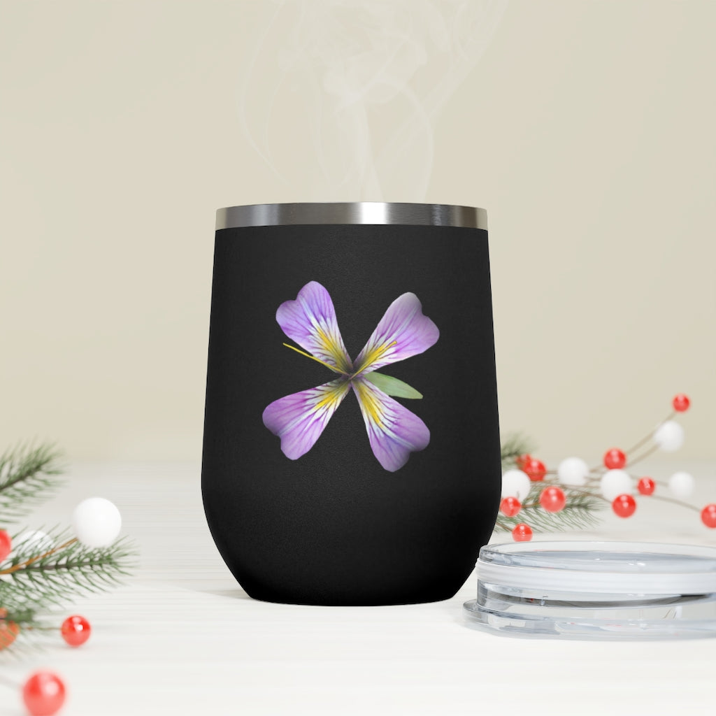 Purple Flower 12oz Insulated Wine Tumbler with clear lid, showcasing vibrant floral design.