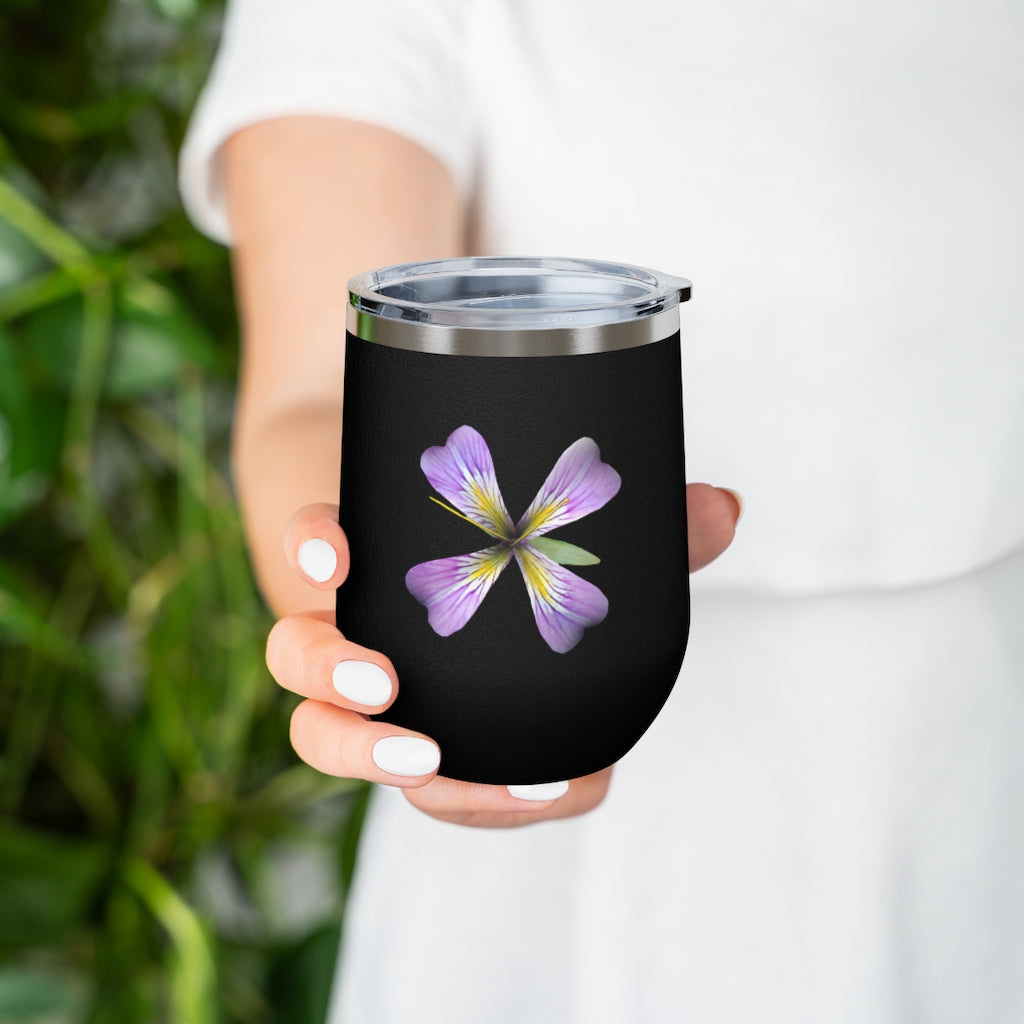 Purple Flower 12oz Insulated Wine Tumbler with clear lid, showcasing vibrant floral design.