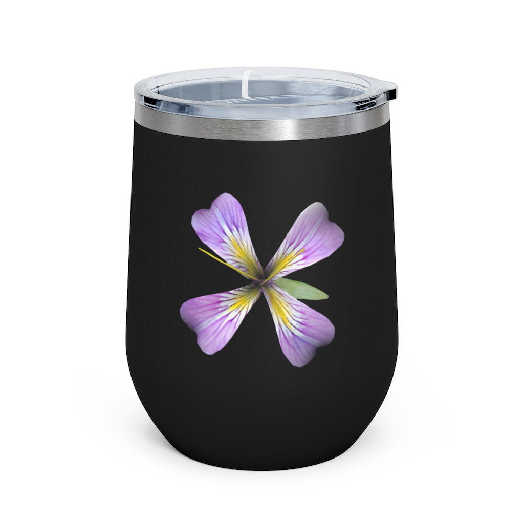 Purple Flower 12oz Insulated Wine Tumbler with clear lid, showcasing vibrant floral design.