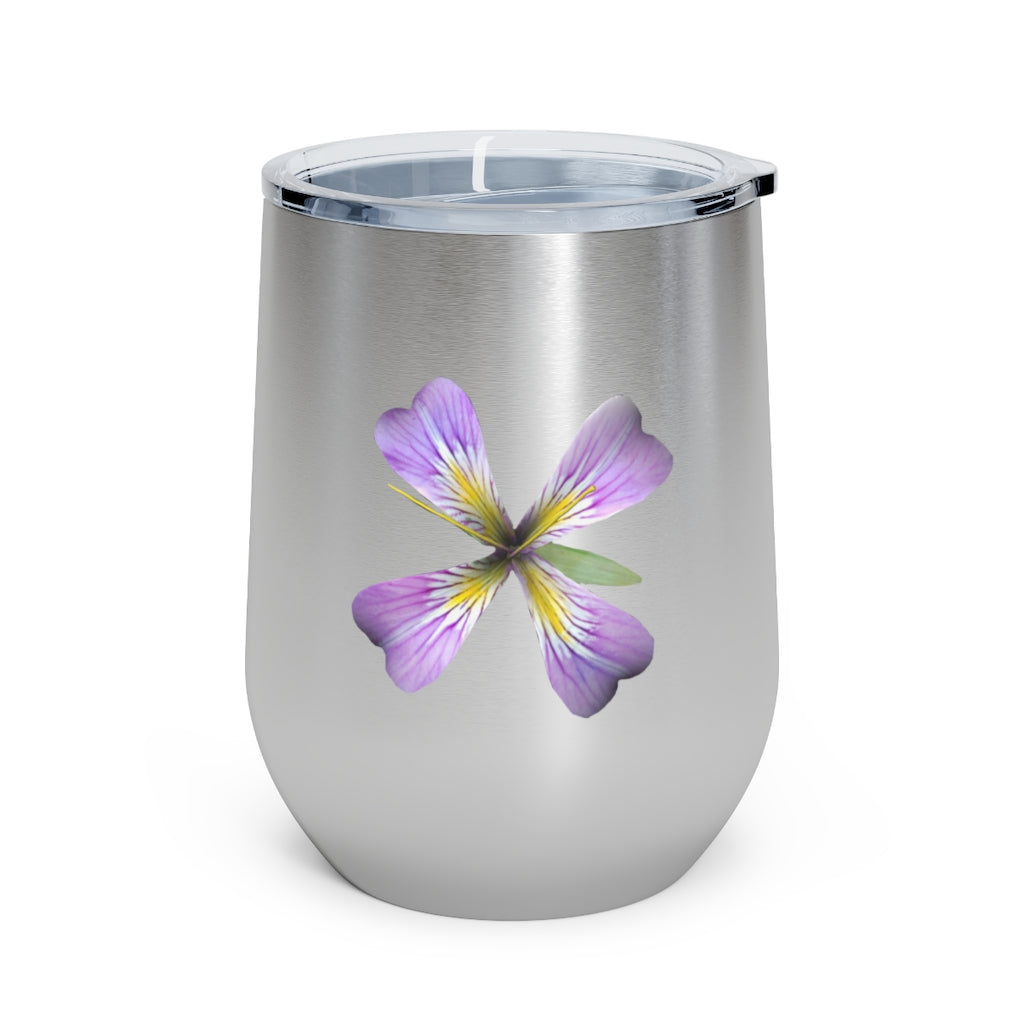 Purple Flower 12oz Insulated Wine Tumbler with clear lid, showcasing vibrant floral design.