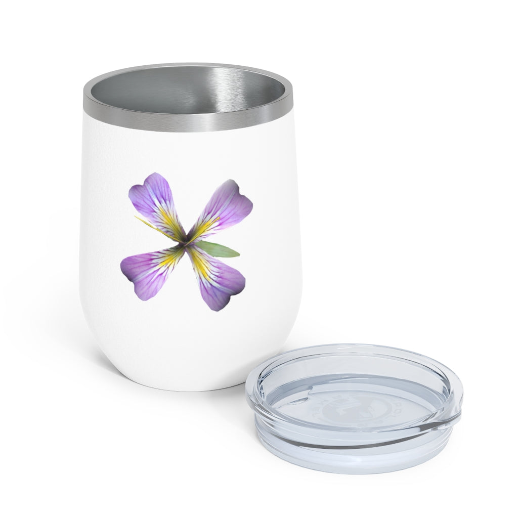 Purple Flower 12oz Insulated Wine Tumbler with clear lid, showcasing vibrant floral design.