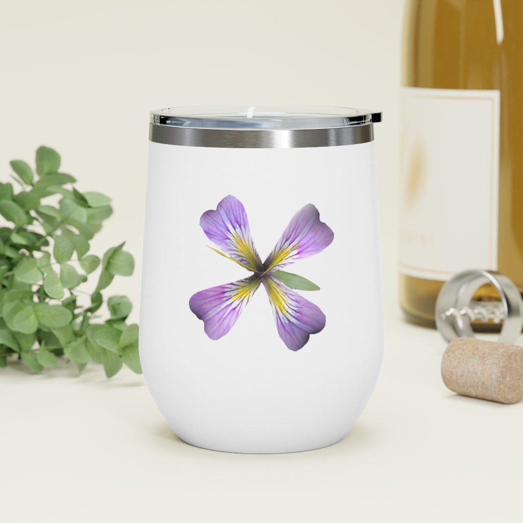 Purple Flower 12oz Insulated Wine Tumbler with clear lid, showcasing vibrant floral design.