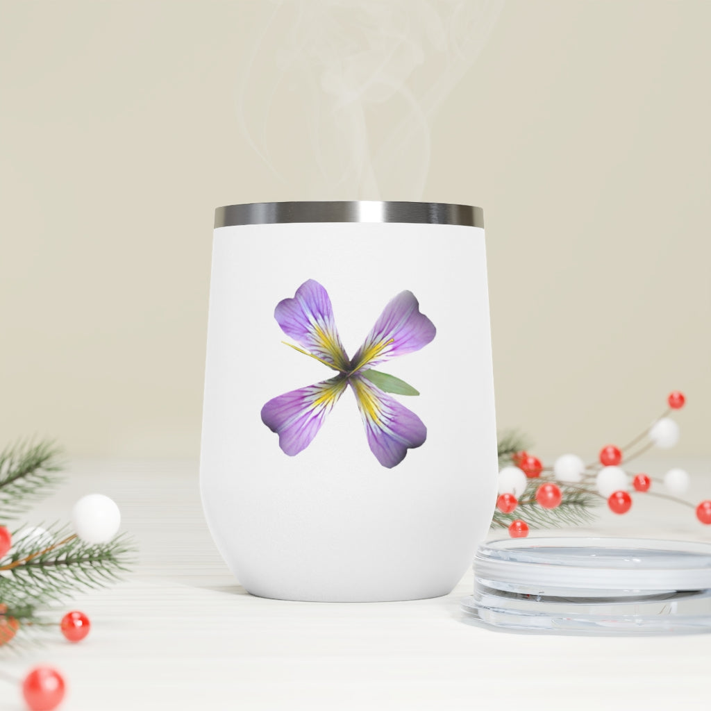 Purple Flower 12oz Insulated Wine Tumbler with clear lid, showcasing vibrant floral design.