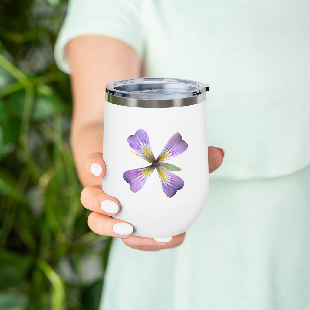 Purple Flower 12oz Insulated Wine Tumbler with clear lid, showcasing vibrant floral design.