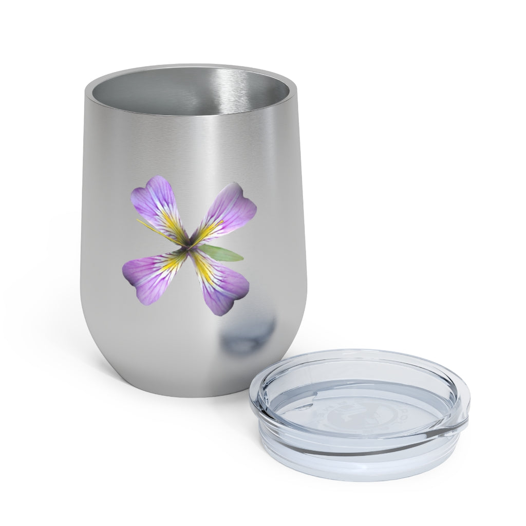 Purple Flower 12oz Insulated Wine Tumbler with clear lid, showcasing vibrant floral design.