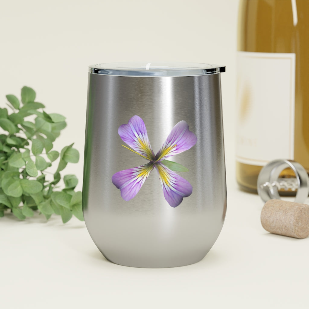 Purple Flower 12oz Insulated Wine Tumbler with clear lid, showcasing vibrant floral design.