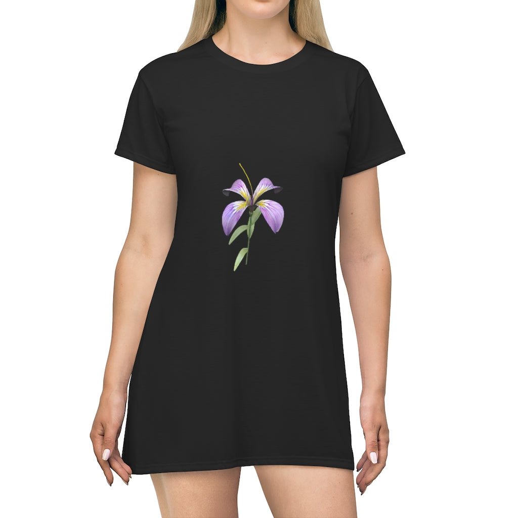 A vibrant Purple Flower All Over Print T-Shirt Dress displayed on a mannequin, showcasing its colorful floral design and comfortable fit.