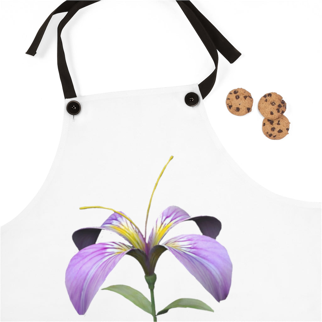 Stylish Purple Flower Apron with black detachable twill straps, perfect for cooking and backyard gatherings.