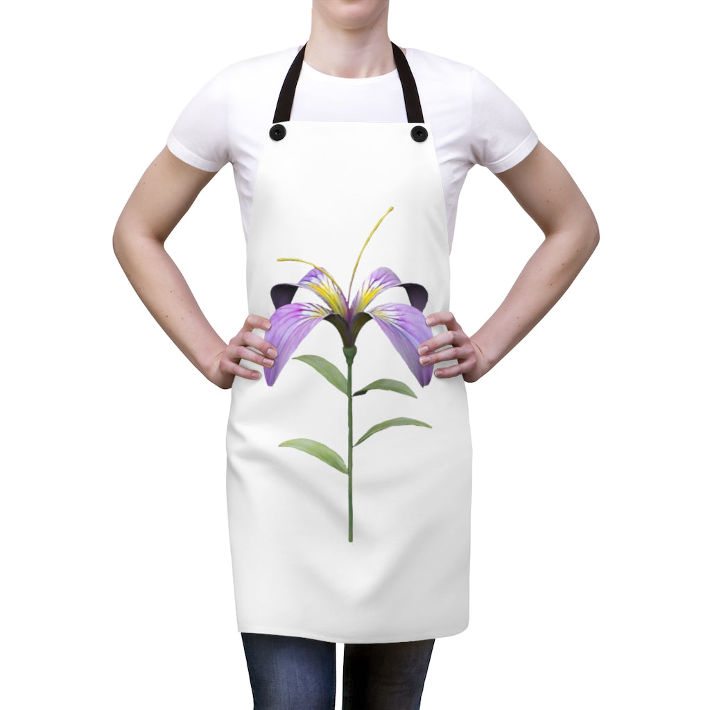 Stylish Purple Flower Apron with black detachable twill straps, perfect for cooking and backyard gatherings.