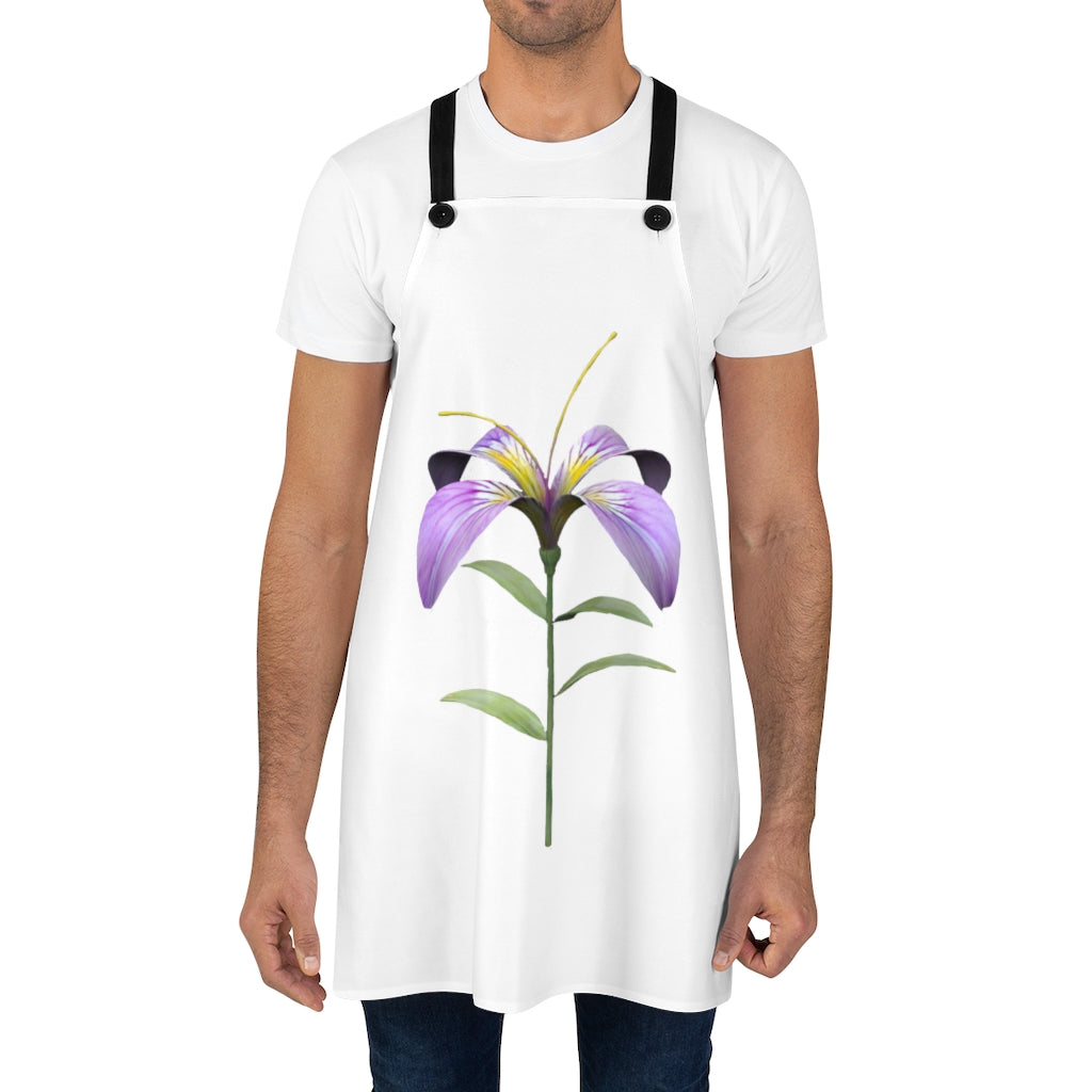 Stylish Purple Flower Apron with black detachable twill straps, perfect for cooking and backyard gatherings.