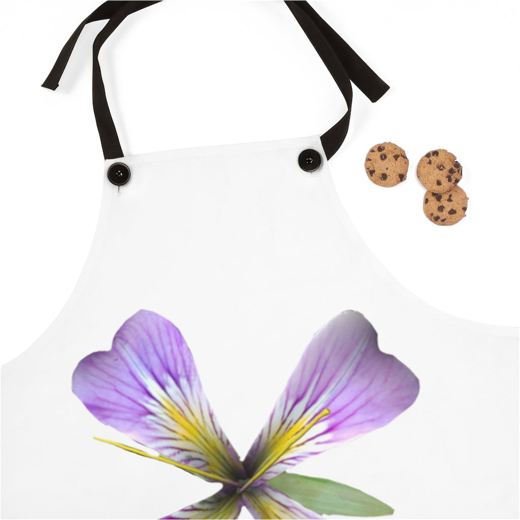 Purple Flower Apron with black detachable twill straps, showcasing a vibrant floral design.