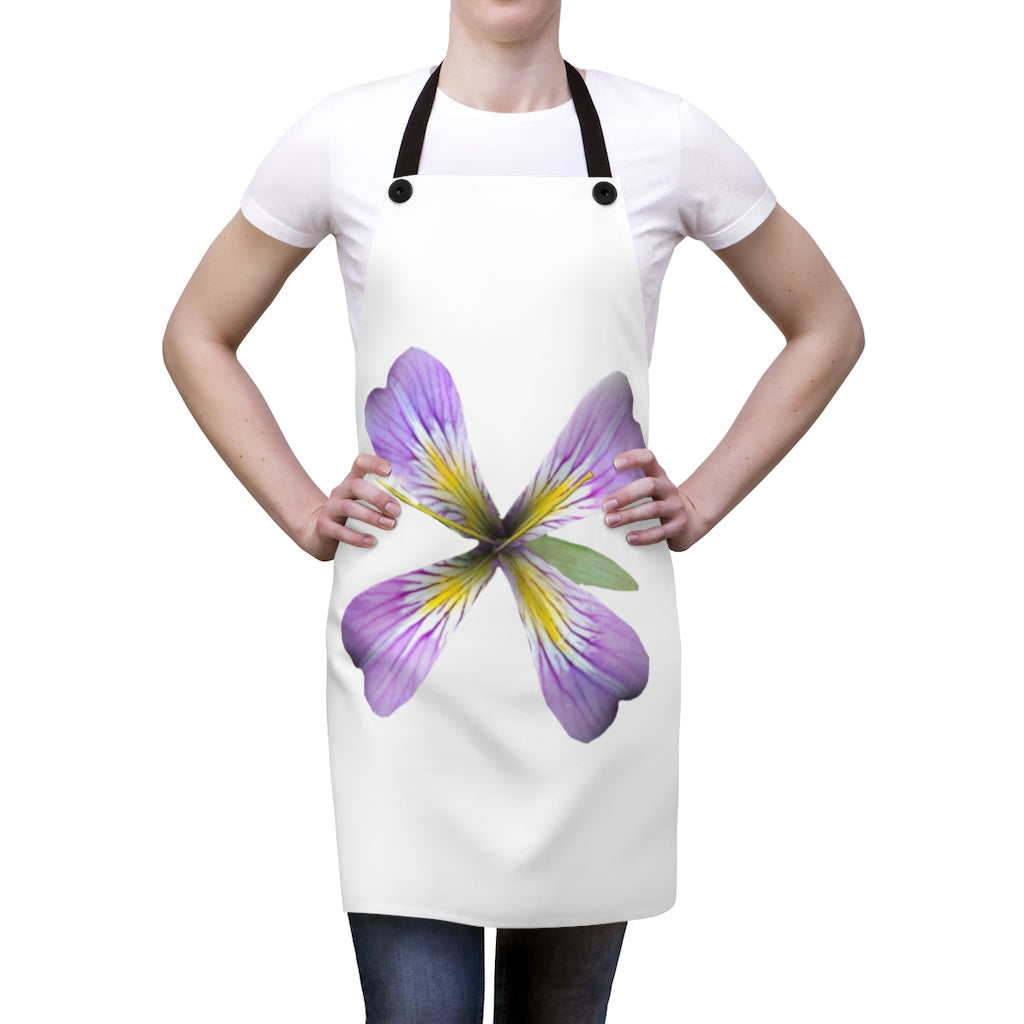 Purple Flower Apron with black detachable twill straps, showcasing a vibrant floral design.