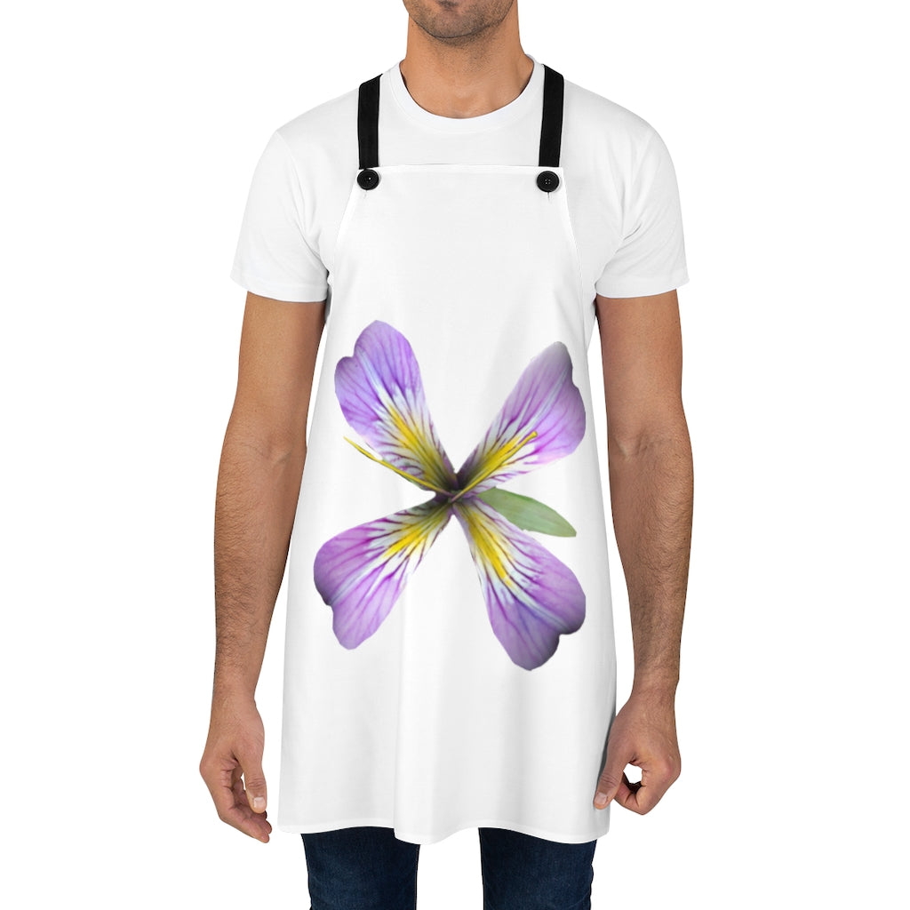 Purple Flower Apron with black detachable twill straps, showcasing a vibrant floral design.