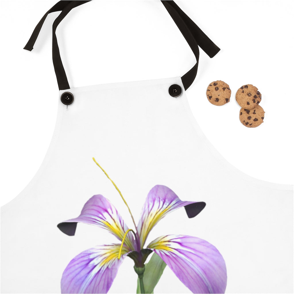 Purple Flower Apron featuring a vibrant floral design and black detachable twill straps, perfect for cooking and backyard gatherings.