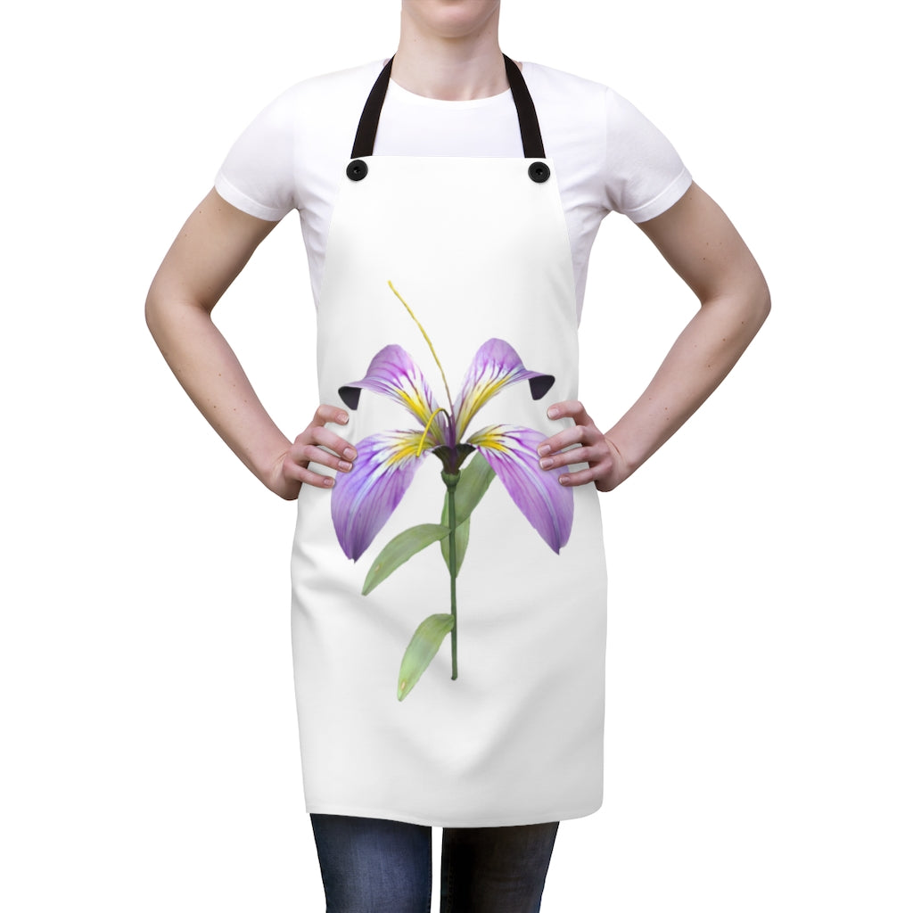 Purple Flower Apron featuring a vibrant floral design and black detachable twill straps, perfect for cooking and backyard gatherings.