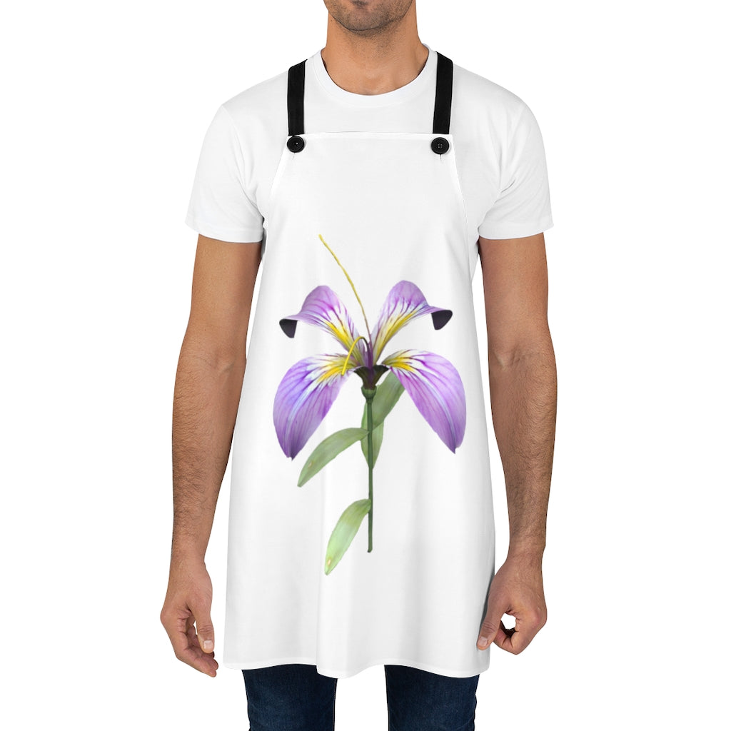 Purple Flower Apron featuring a vibrant floral design and black detachable twill straps, perfect for cooking and backyard gatherings.