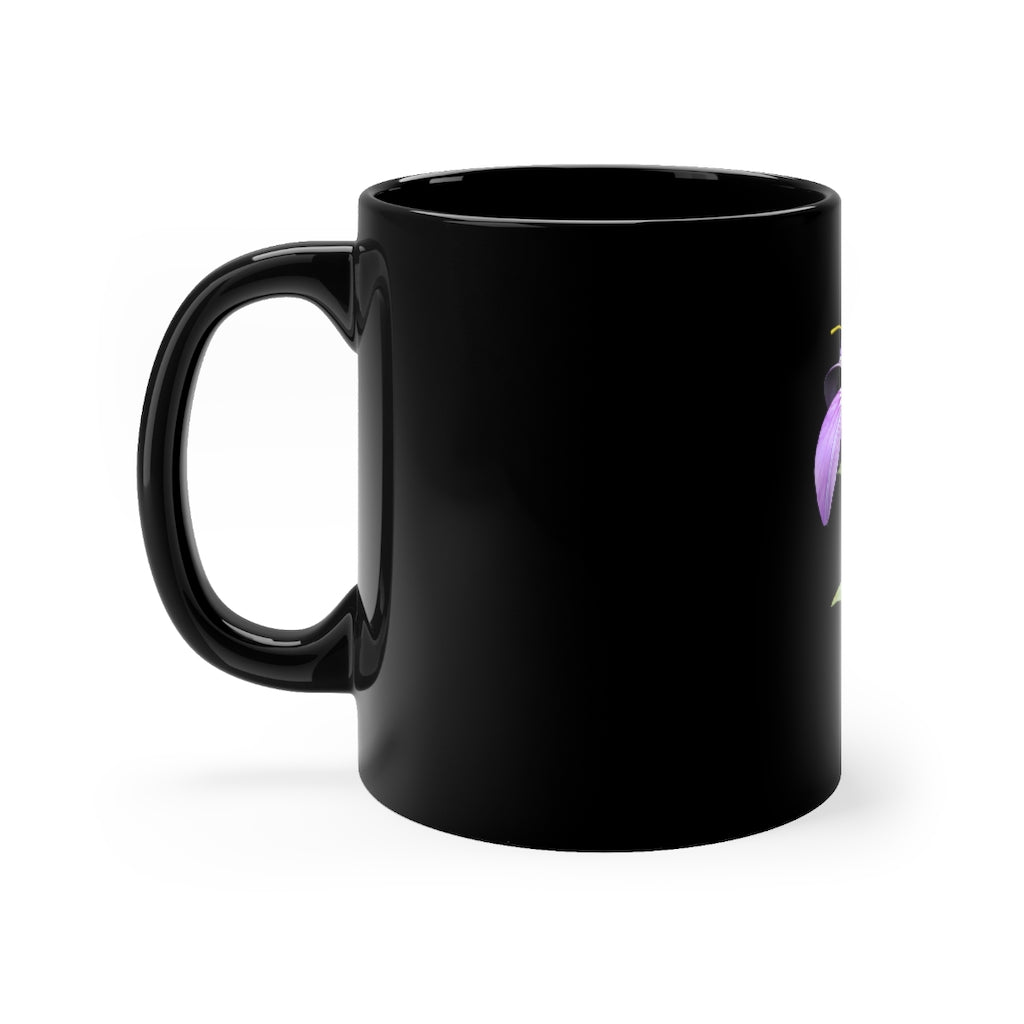 A stylish 11oz black ceramic mug featuring a vibrant purple flower design, perfect for coffee or tea.