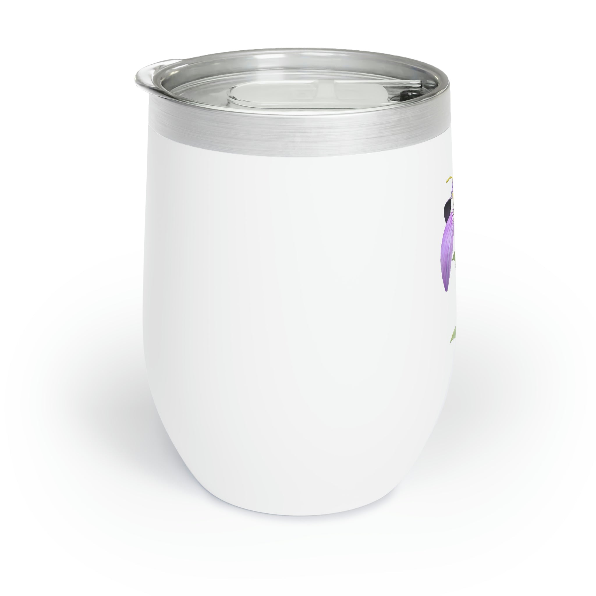 Purple Flower Chill Wine Tumbler with double-insulated walls and stainless steel design, perfect for wine lovers.