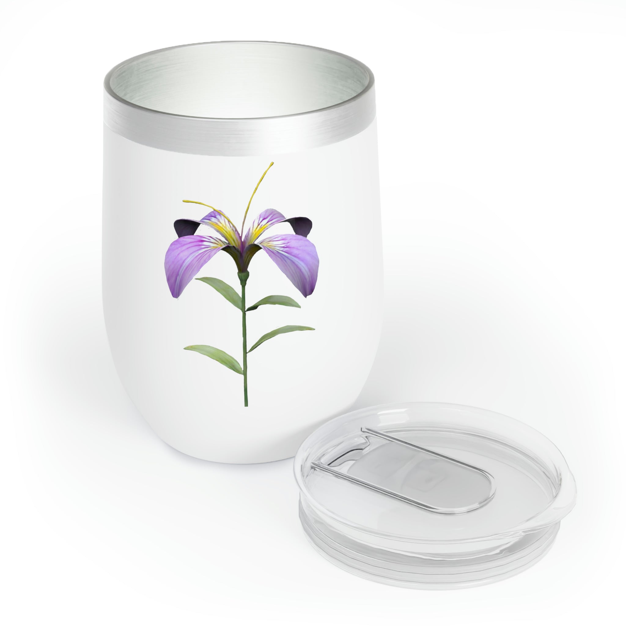 Purple Flower Chill Wine Tumbler with double-insulated walls and stainless steel design, perfect for wine lovers.