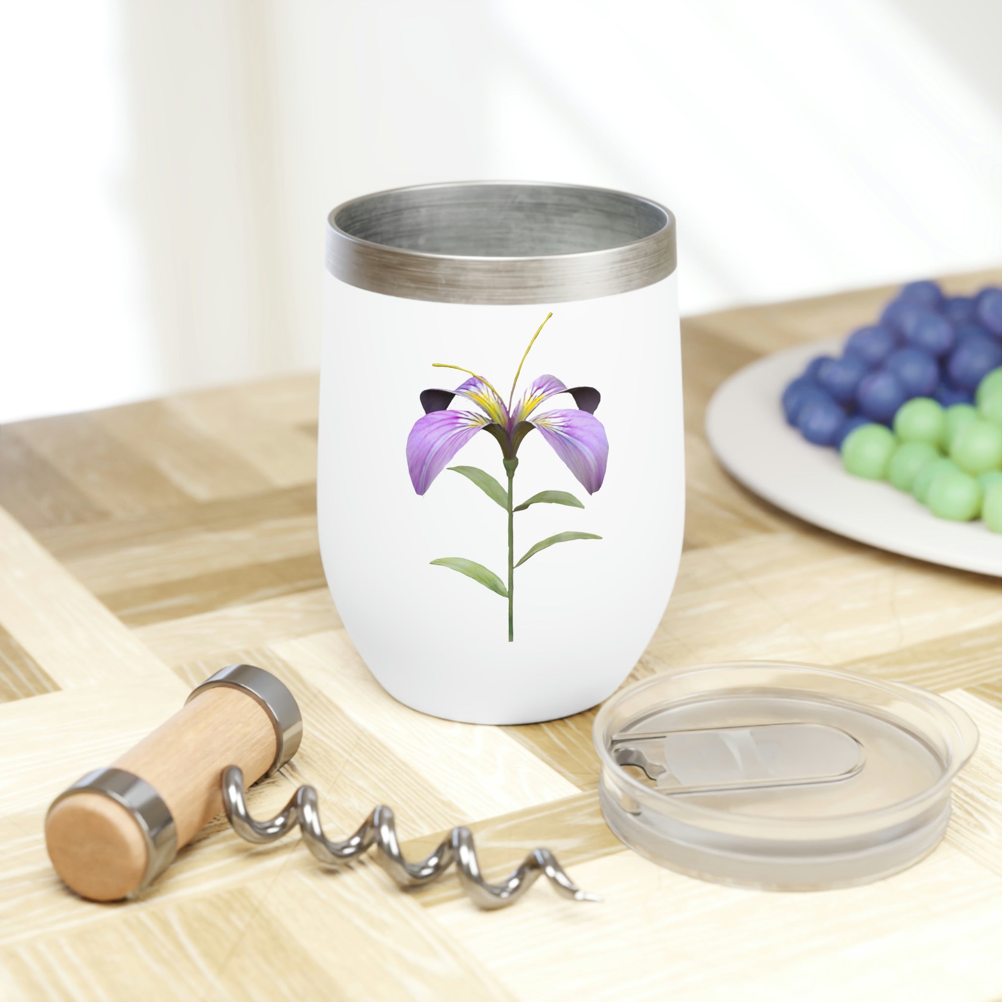 Purple Flower Chill Wine Tumbler with double-insulated walls and stainless steel design, perfect for wine lovers.