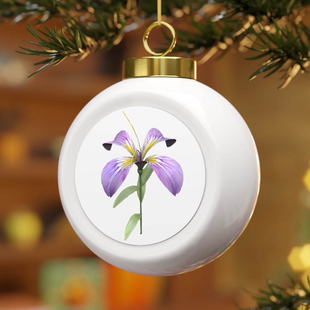 A beautiful 3-inch purple flower Christmas ball ornament with a glossy finish and gold ribbon, perfect for holiday decorating.