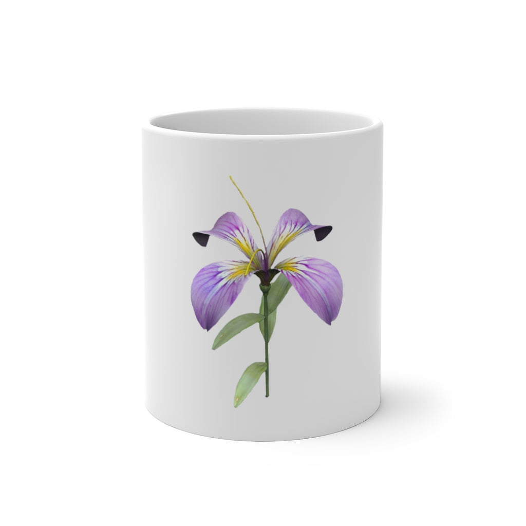 A purple flower color changing mug displaying vibrant floral designs that change color when filled with hot liquid.