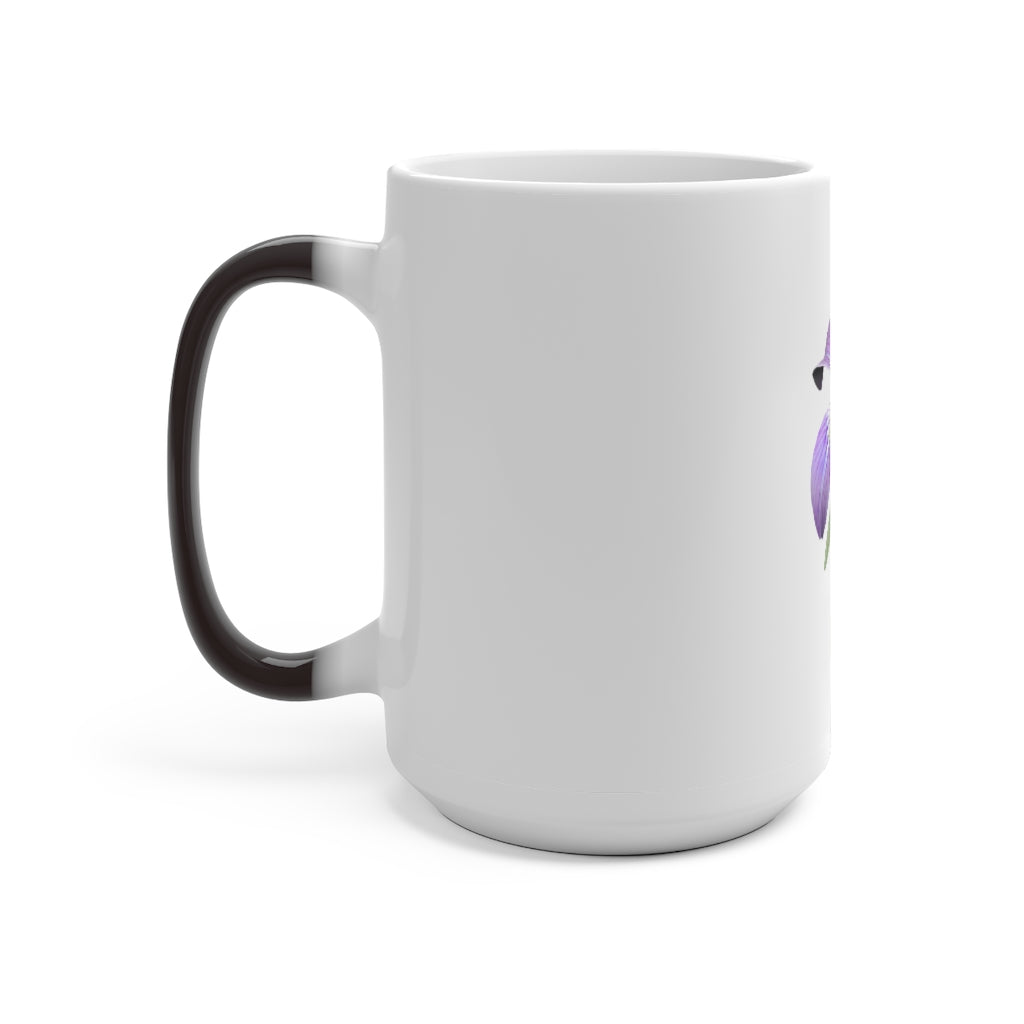 A purple flower color changing mug displaying vibrant floral designs that change color when filled with hot liquid.