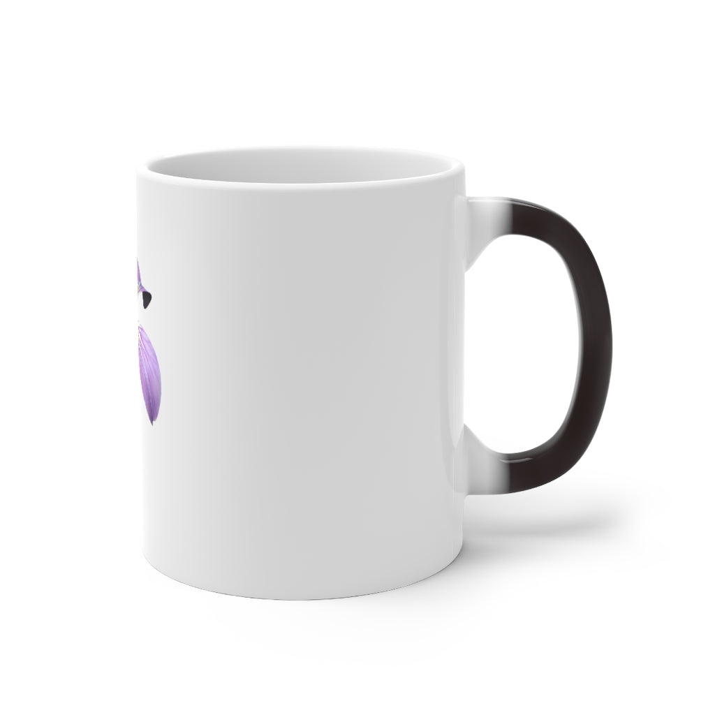 A purple flower color changing mug displaying vibrant floral designs that change color when filled with hot liquid.