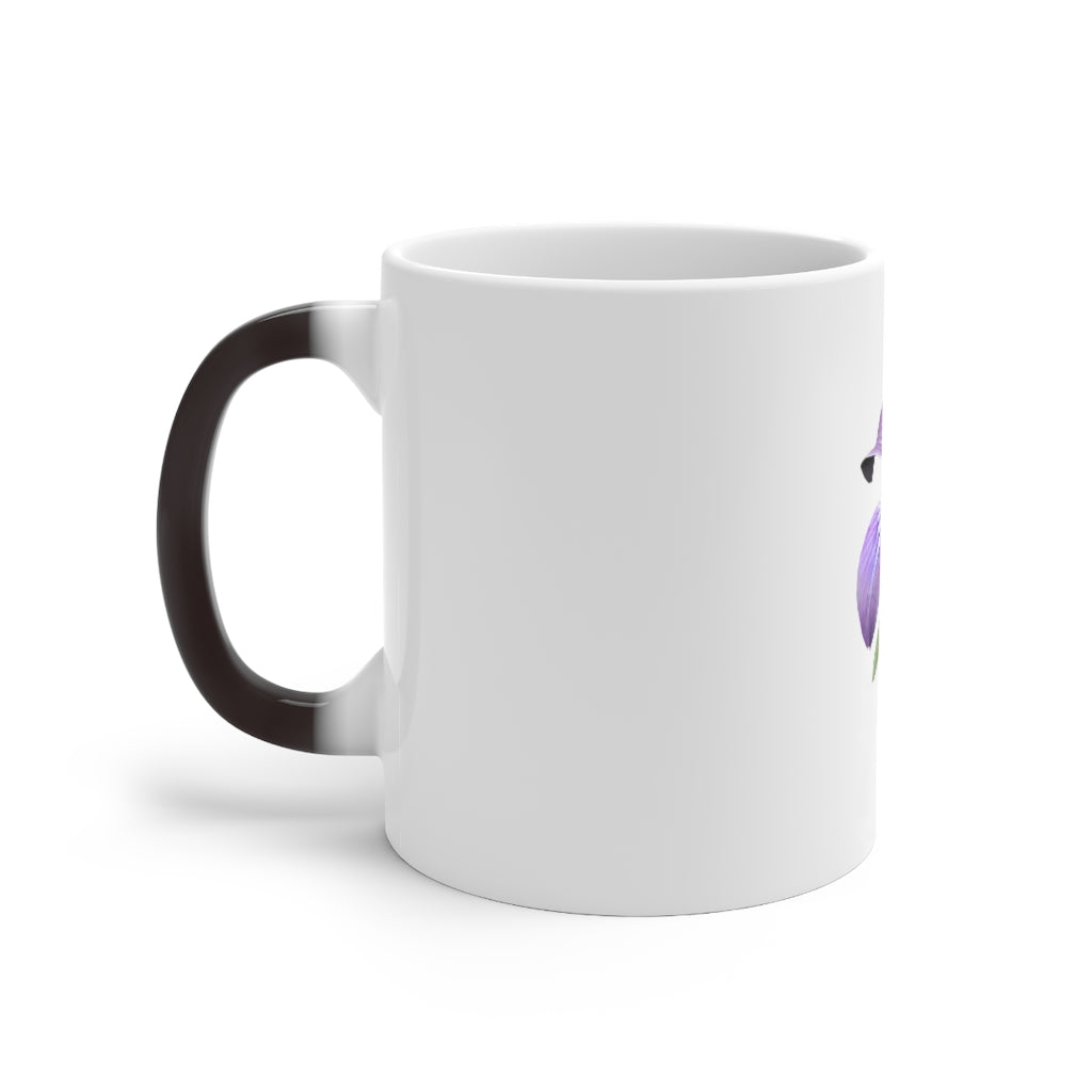 A purple flower color changing mug displaying vibrant floral designs that change color when filled with hot liquid.