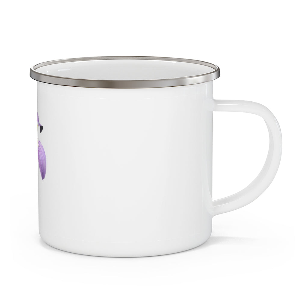 Purple Flower Enamel Camping Mug with a vibrant floral design, perfect for outdoor adventures and beverages.