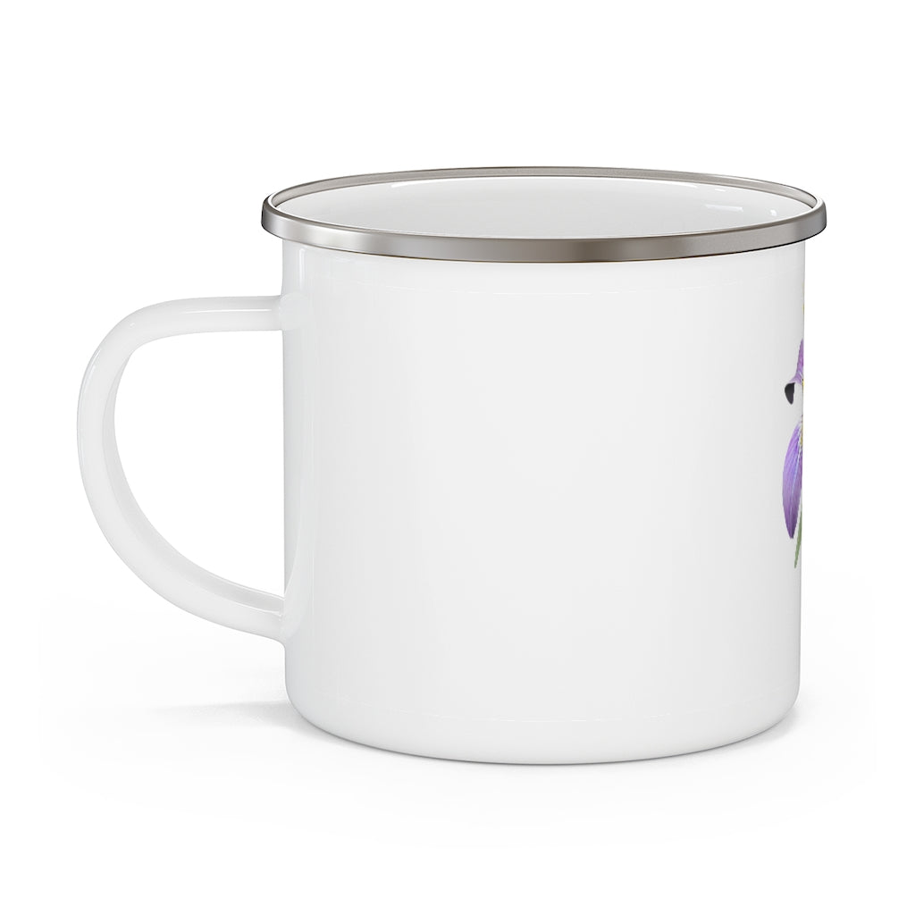 Purple Flower Enamel Camping Mug with a vibrant floral design, perfect for outdoor adventures and beverages.