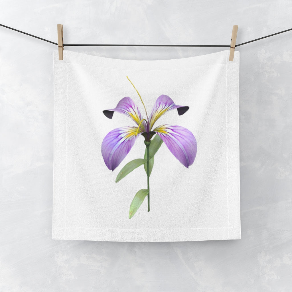 Purple Flower Face Towel featuring a vibrant floral design on a soft polyester front and absorbent cotton back, perfect for customization.