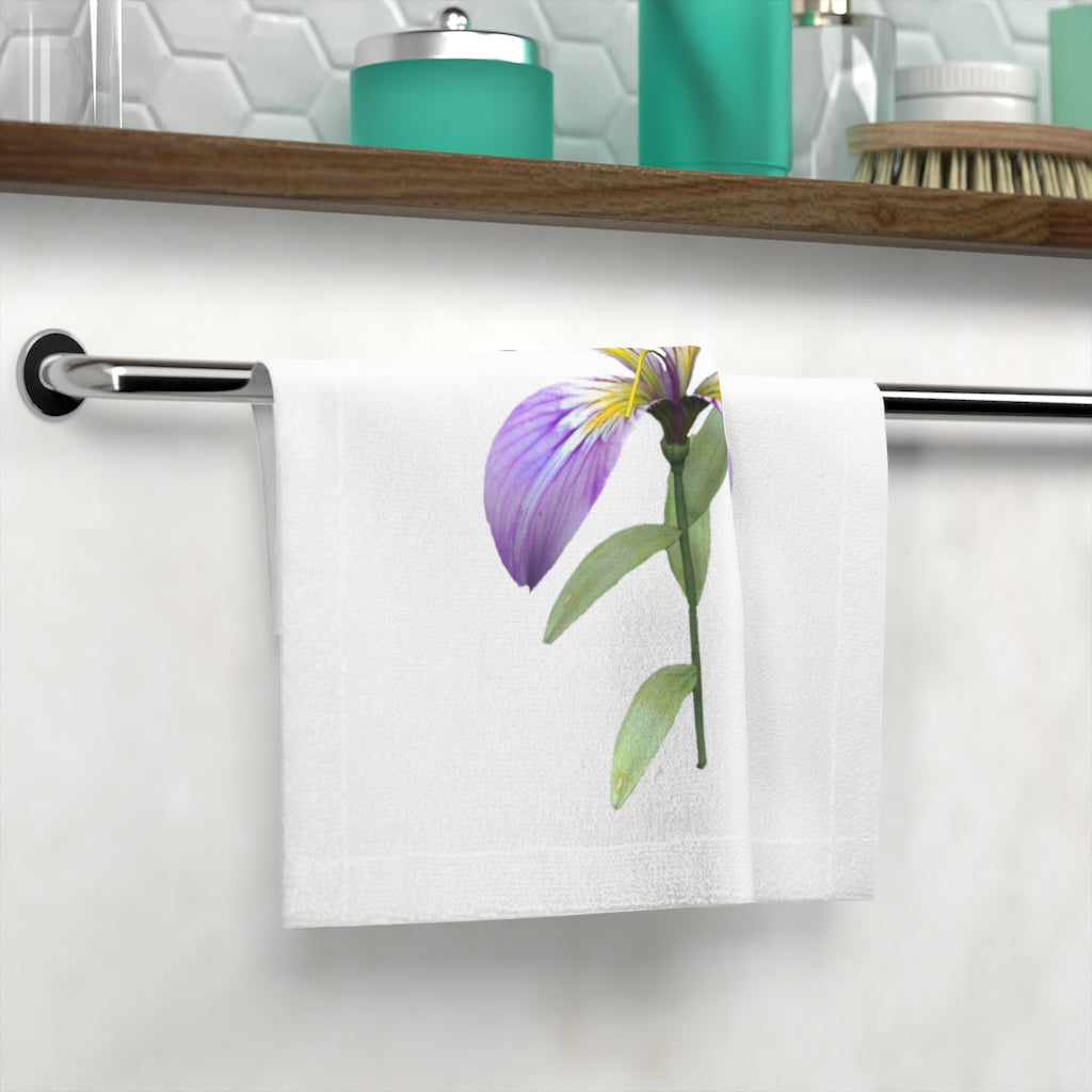 Purple Flower Face Towel featuring a vibrant floral design on a soft polyester front and absorbent cotton back, perfect for customization.